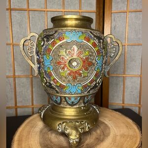 Vintage signed Made in Japan champleve cloisonné brass enamel vase 10"